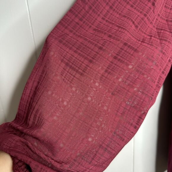 J Crew Ruffle Shoulder Top Womens Large L Burgundy Jacquard Sleeves Peasant - Picture 5 of 12